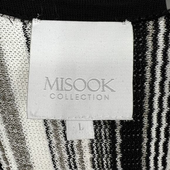 Misook Collection Cardigan Pom Pom Fringe Open Sweater Large Black White Striped - Picture 6 of 10